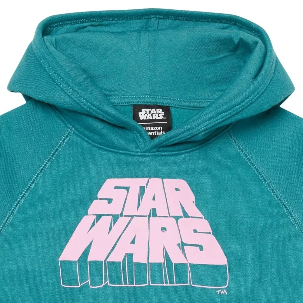 Amazon Essentials Teal Pullover Hoodie with Pink Star Wars Logo